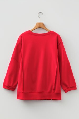 Fiery Red Floral Bow Patched Exposed Seam Patchwork Slit Baggy Sweatshirt - Image 7