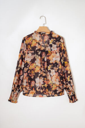 Black Floral V Neck Long Puff Sleeve Breezy Blouse - Image 13