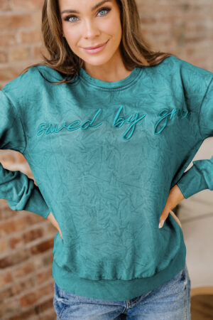 Sea Green saved by grace Letter Embroidery Mineral Wash Loose Sweatshirt - Image 8