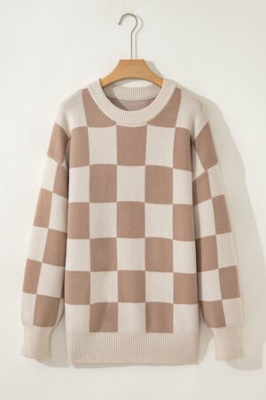 Parchment Checkered Pattern Ribbed Trim Knit Baggy Sweater - Image 6