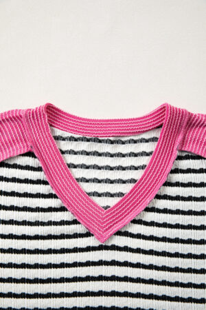 Black Stripe Textured Knit Twisted Rib Contrast Patchwork V Neck Long Sleeve Top - Image 5