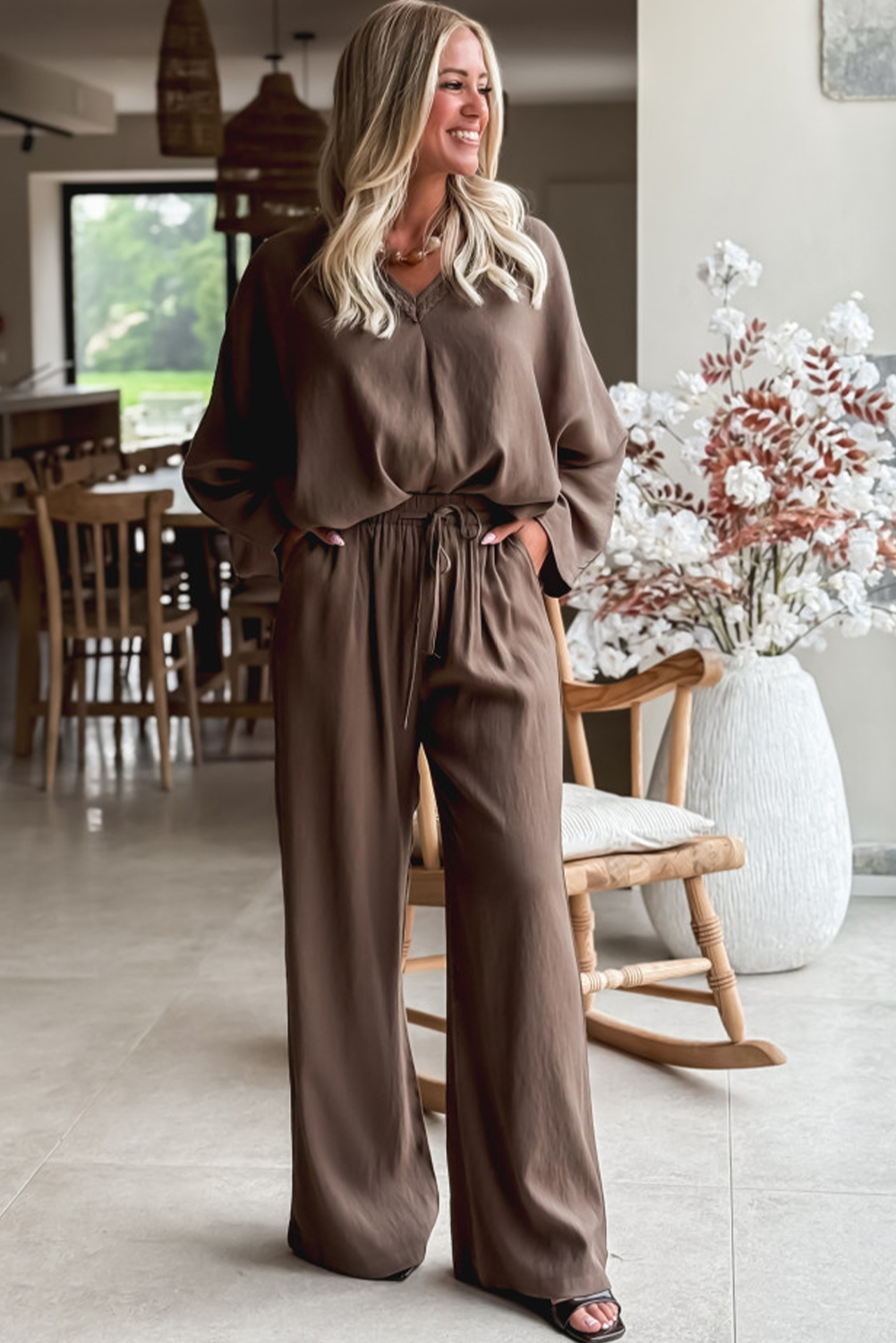 Dark Brown Braided V Neck Long Sleeve Loose Top and Drawstring High Waist Pants 2pcs Outfit Dark Brown Braided V Neck Long Sleeve Loose Top and Drawstring High Waist Pants 2pcs Outfit