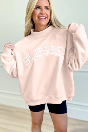 Light Pink Oversize Blessed Embroidered Mock Neck Sweatshirt - Image 6