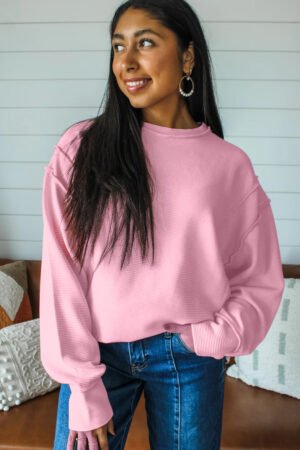 Pink Horizontal Ribbed Exposed Seam Detail Drop Shoulder Baggy Pullover - Image 4