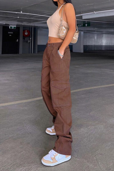 Alternative view of Dark Brown Denim Cargo Pants with Elastic Waist Design