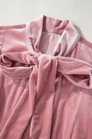 Fushia Solid Color Velvet Ribbon Bow Knot Long Sleeve Blouse - Image 7