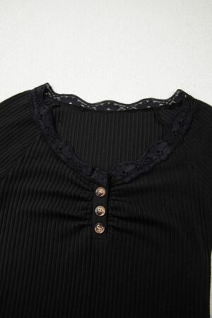 Black Lace Neckline Button Decor Lettuce Edge Long Sleeve Ribbed Top - Image 8