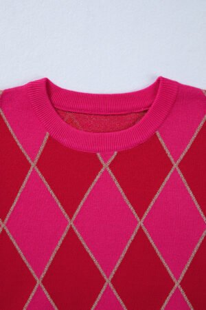 Christmas Rose Red Glitter Rhombus Pattern Knit Womens Casual Sweater - Image 5