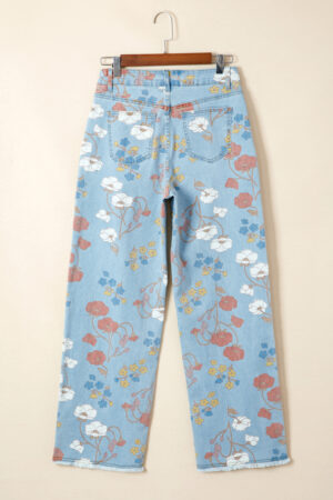 Sky Blue Floral Printed Raw Hem Shift Jeans - Image 7