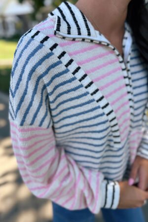 Multicolour Striped Color Block Patchwork Half Zip Drop Shoulder Long Sleeve Top - Image 3