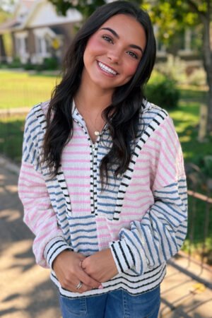 Multicolour Striped Color Block Patchwork Half Zip Drop Shoulder Long Sleeve Top - Image 2