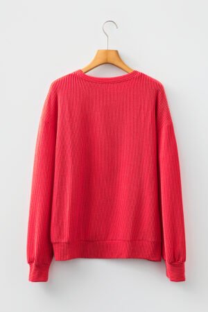 Racing Red Twisted Rib Outlined Merry Letter Graphic Loose Long Sleeve Top - Image 7