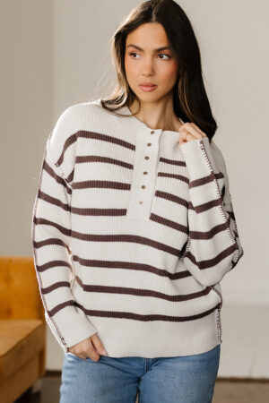 Brown Stripe Ribbed Henley Drop Shoulder Slouchy Sweater - Image 18