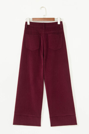 Burgundy Corduroy Solid Color High Waist Wide Leg Pants - Image 8