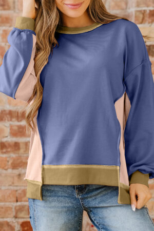 Wild Wind Color Block Mix Texture Waffle Patchwork Oversize Sweatshirt - Image 12