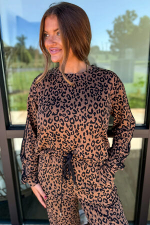 Brown Varsity Striped Trim Leopard Long Sleeve Top Drawstring Pant Set - Image 5