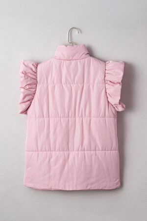 Pink Stand Neck Flutter Sleeve Snap Button Puffer Vest - Image 7