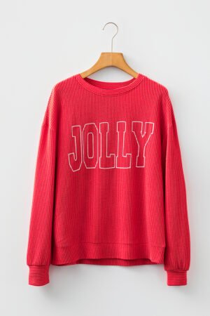 Racing Red Twisted Rib Outlined Merry Letter Graphic Loose Long Sleeve Top - Image 6