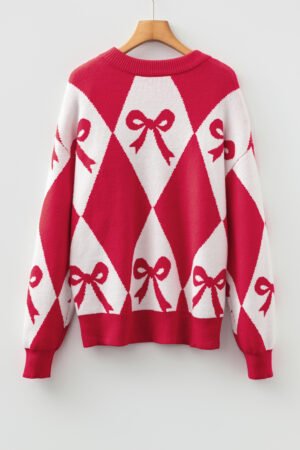 Red Bow Print 2-tone Rhombus Knit Loose Sweater - Image 12