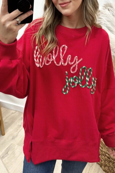 Racing Red Holly Jolly Embroidered Graphic Baggy Sweatshirt