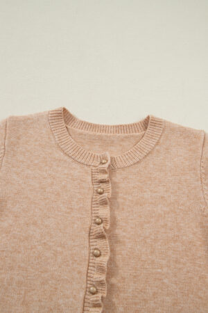 Oatmeal Ruffle Trim Gold Button Sweater Cardigan - Image 8