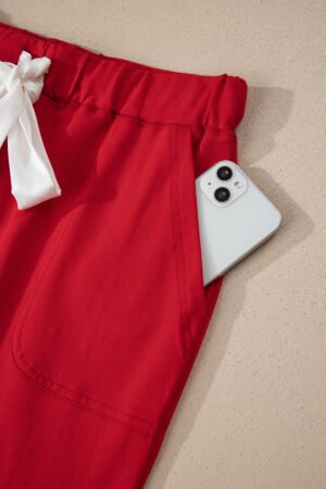 Fiery Red Contrast Trim Button V Neck Ribbon Bow Knot Waist 2pcs Lounge Pant Set - Image 13