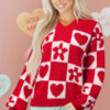 Fiery Red V Neck Flower Heart Detail Checkered Knit Loose Sweater