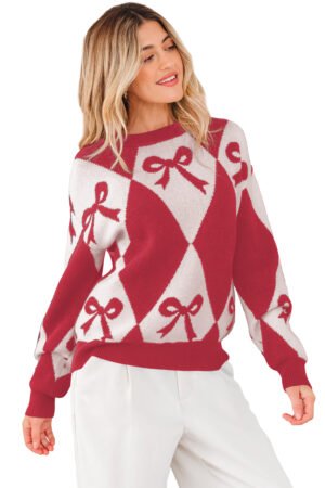 Red Bow Print 2-tone Rhombus Knit Loose Sweater - Image 10