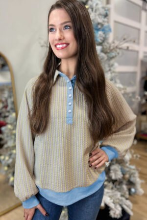 Beau Blue Button Front Jacquard Henley Sweatshirt - Image 4