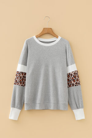 Gray Leopard Print Colorblock Patchwork Ribbed Knit Top - Image 3