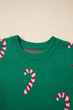 Dark Green Christmas Candy Cane Holiday Drop Shoulder Sweater - Image 14