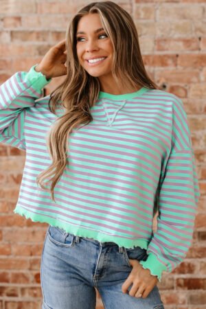 Green Stripe Exposed Seam Contrast Ribbed Trim Oversize Sweatshirt