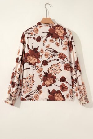 Brown Floral Print Button Down Poet Sleeve Shirt - Image 6