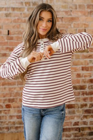 Red Dahlia Striped Print Drop Shoulder Long Sleeve Henley Top - Image 12