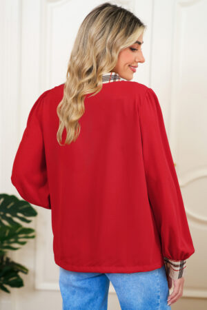 Racing Red Contrast Plaid Patchwork V Neck Long Sleeve Blouse - Image 10