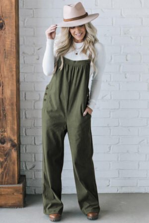 Jungle Green Solid Pocketed Loose Fit Corduroy Overall - Image 3