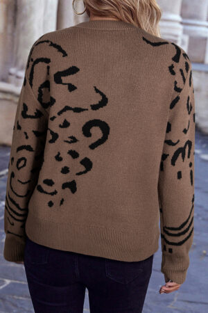 Camel Asymmetric Leopard Print Detail Drop Shoulder Sweater - Image 2