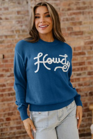 Dusk Blue Howdy Embroidered Graphic Western Sweater - Image 5