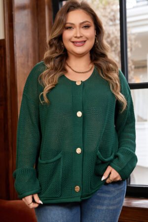 Blackish Green Plus Size Golden Accent Buttons Short Sweater Cardigan - Image 10