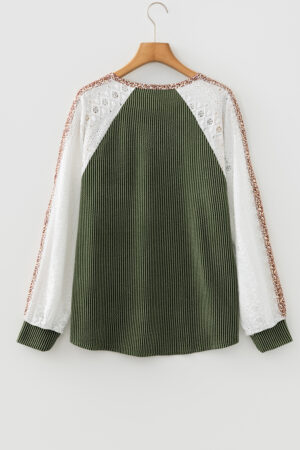 Vineyard Green Twisted Ribbed Leopard Lace Contrast Patchwork Long Sleeve Top - Image 5