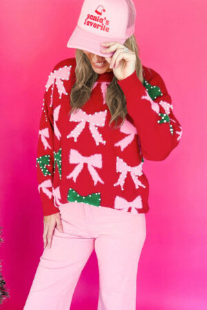 Alternative view of Fiery Red Bow Pearl Embellished Christmas Holiday Sweater