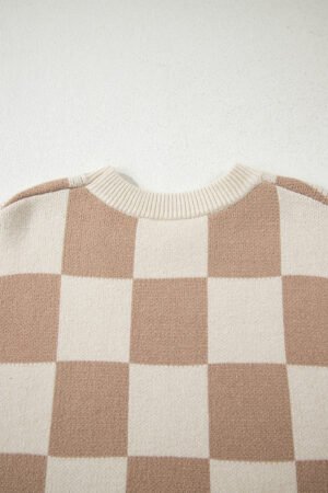 Parchment Checkered Pattern Ribbed Trim Knit Baggy Sweater - Image 11