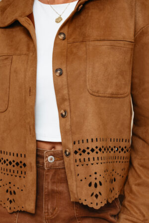 Thai Curry Solid Color Faux Suede Hollowed Detail Retro Style Jacket - Image 14
