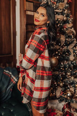 Red Brushed Plaid Buttoned Front Side Slit Tunic Shacket - Image 3