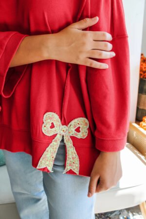Fiery Red Floral Bow Patched Exposed Seam Patchwork Slit Baggy Sweatshirt - Image 4