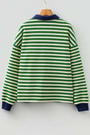Dark Green Striped Print Contrast Collar Zip V Neck Long Sleeve Top - Image 3