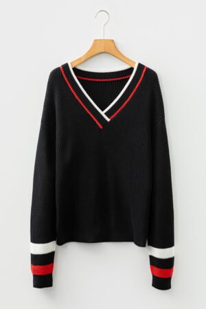Black Contrast Striped Trim V Neck Drop Shoulder Sweater - Image 7