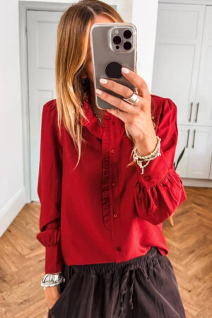 Fiery Red Frilled Trim Button Up Pleated Long Sleeve Shirt - Image 3