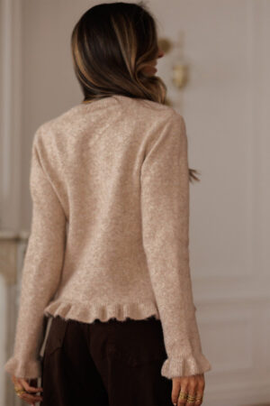 Oatmeal Ruffle Trim Gold Button Sweater Cardigan - Image 2