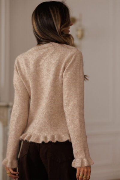 Alternative view of Oatmeal Ruffle Trim Gold Button Sweater Cardigan
